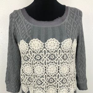 Meadow Rue Anthropologie Grey W/Cream Lace Blouse